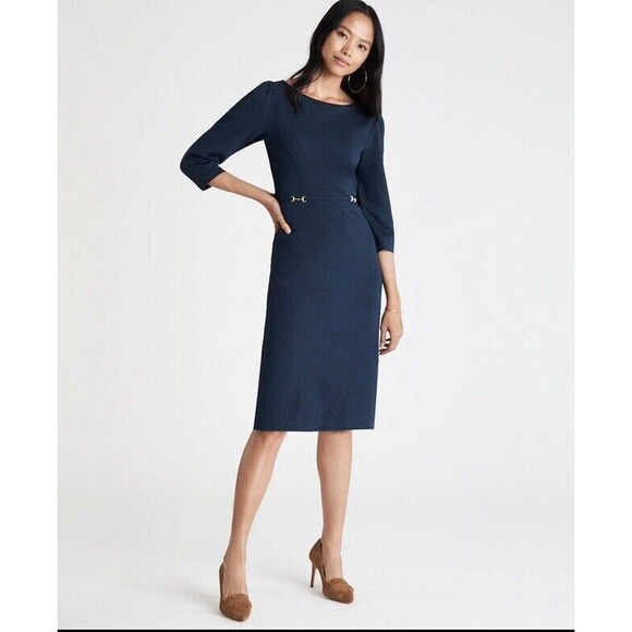 Ann Taylor Dress Womens 10 Blue Ponte Sheath PUFF SLEEVE Bridle Buckle New - Picture 1 of 14